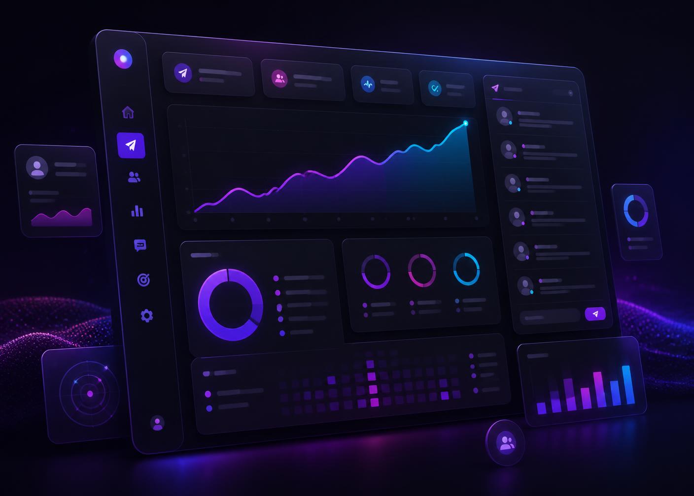 Dark analytics dashboard showing outreach volume, acceptance rates and conversations